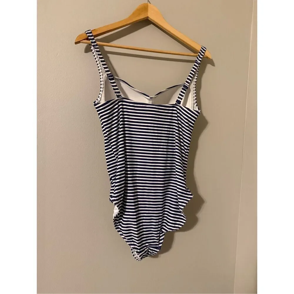 Niptuck Women's 10 Twist Front One Piece Swimsuit Blue Sorrento Stripe Nautical